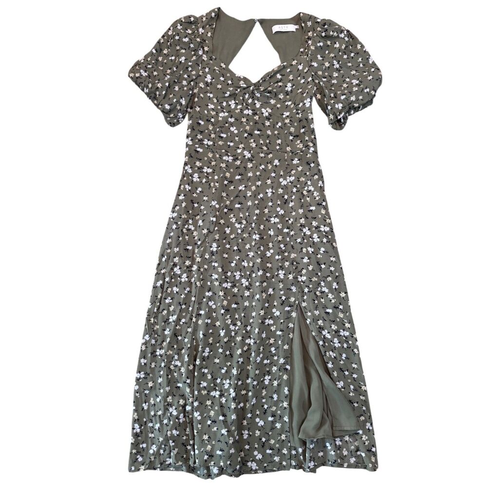 ASTR The Label Floral Maxi Dress Puff Sleeve Slit Green LG Romantic Cottagecore